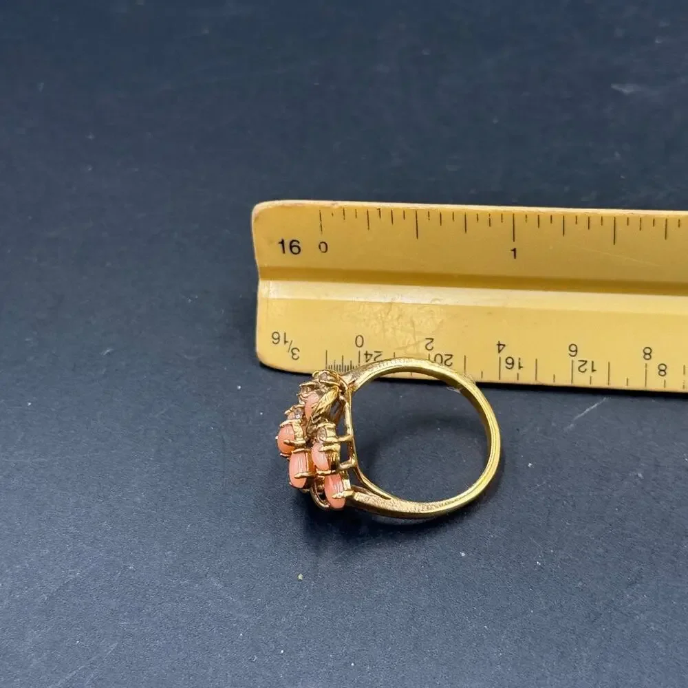 Vintage Cocktail Floral Cluster Ring Coral Cabochon Gold Tone